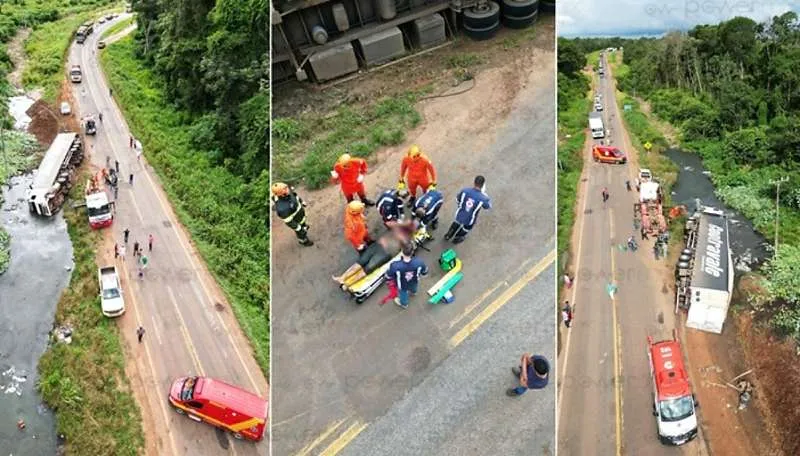 Motorista fica preso às ferragens após carreta tombar na MT-235
